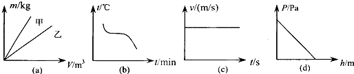 关于图中所示四幅图的分析，正确的是（）A．图（a）表示ρ甲＞ρ乙B．图（b）表示晶体熔化的图象C．图（c）表示物体做匀速运动D．图（d）表示液体内部压强与深度的关系