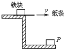 如图所示，一铁块压着一纸条放在水平桌面上，当以速度v抽出纸条后，铁块掉在地上的P点。若以2v速度抽出纸条，则铁块落地点为[]A．仍在P点B．在P点左边C．在P点右边不远处D．在P点
