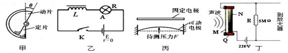 如图甲测角度的电容式传感器；乙是研究自感现象的实验电路图；丙是一种测定压力的电容式传感器；丁是电容式话筒的电路原理图，下列说法正确的是A．甲图中两极间的电量不变时，