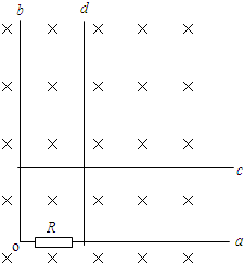 如图，在匀强磁场中固定放置一根串接一电阻R的直角形金属导轨aob（在纸面内），磁场方向垂直纸面朝里，另有两根金属导轨c、d分别平行于oa、ob放置．保持导轨之间接触良好，金属